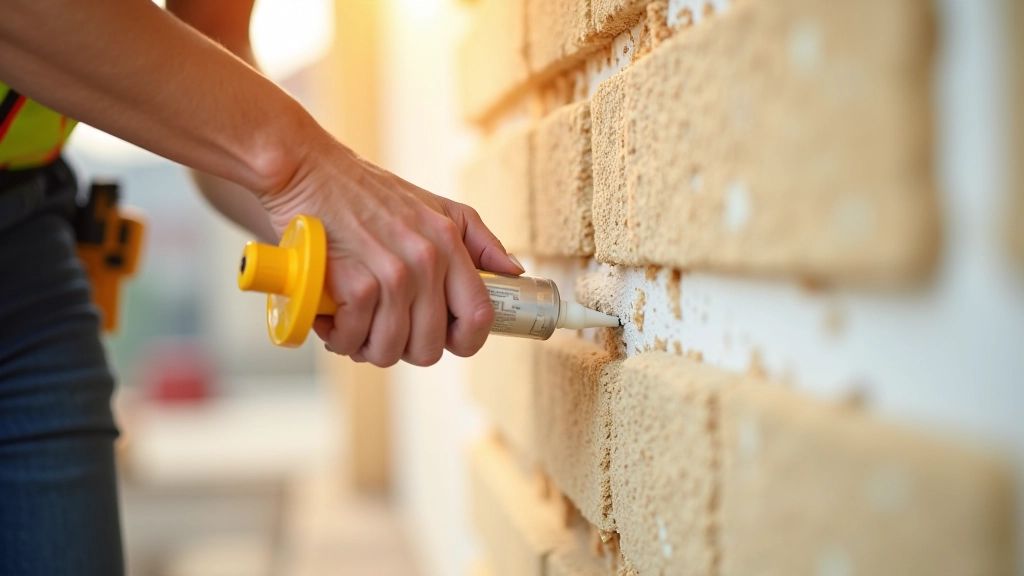 Builder applying expandable foam sealant between thermal insulation panel joints on exterior wall installation