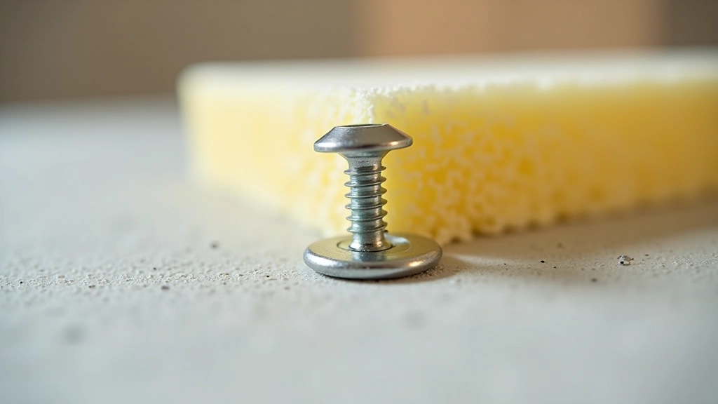 Close-up detail of metal fastener anchor securing insulation panel to building substrate with proper spacing