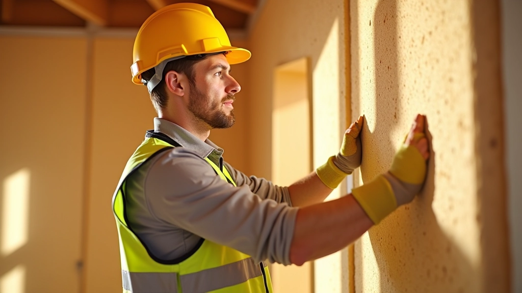 Construction worker installing mineral wool insulation in wall cavity between wooden studs, showing proper placement and coverage
