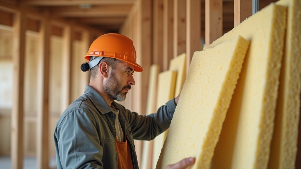 Builder contractor examining thermal insulation panel materials for quality and specifications
