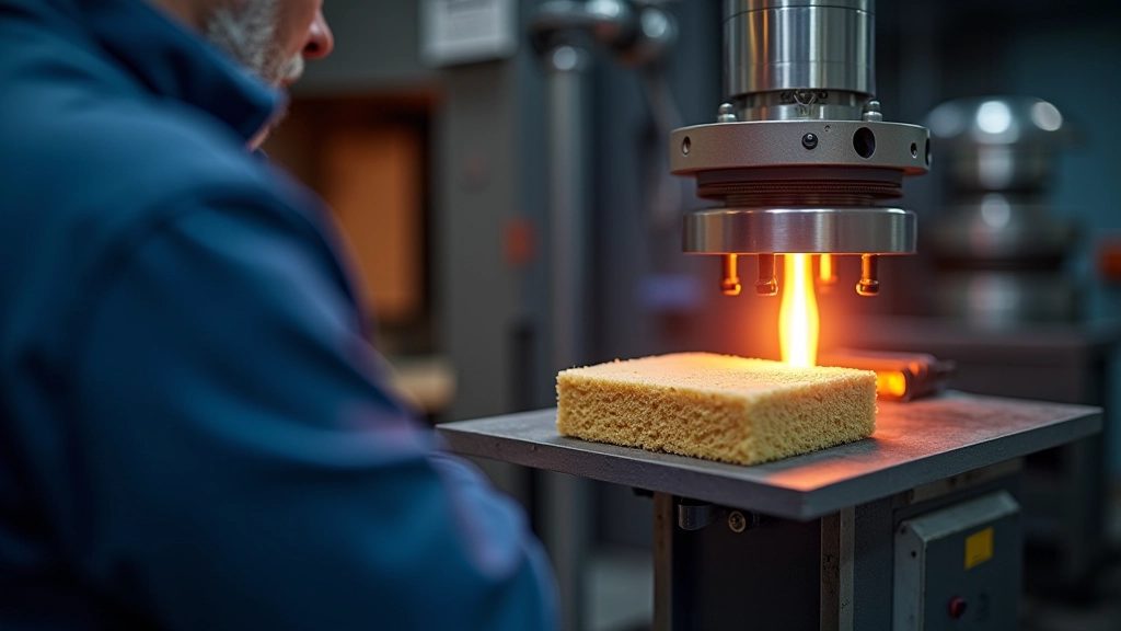 Fire testing equipment demonstrating mineral wool insulation's resistance to flame, showing materials in a fire chamber with temperature monitoring