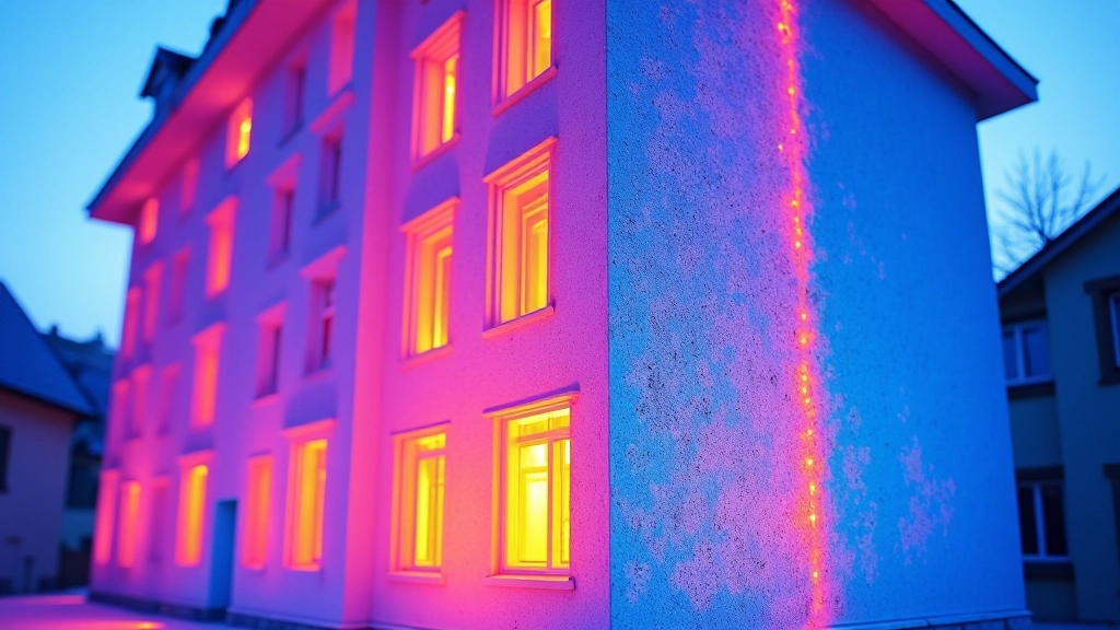 Thermal imaging of a building showing temperature differences in red and blue indicating insulation effectiveness