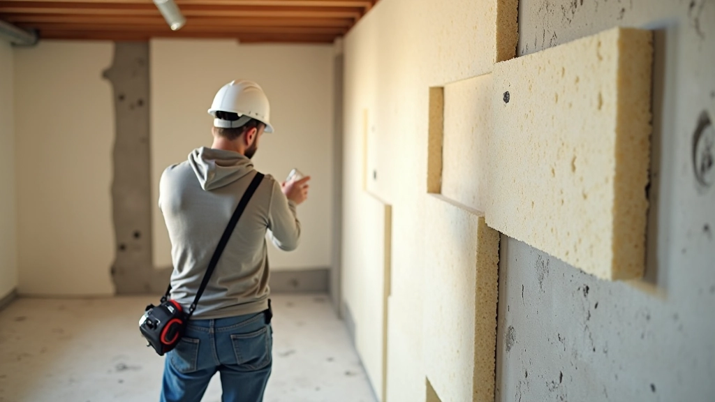 XPS foam panel installation in a wet basement environment with visible moisture on walls